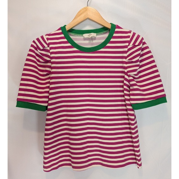 entro Tops - Entro Magenta White Striped Puff Sleeve Knit Top Green Trim Small